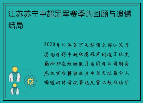 江苏苏宁中超冠军赛季的回顾与遗憾结局